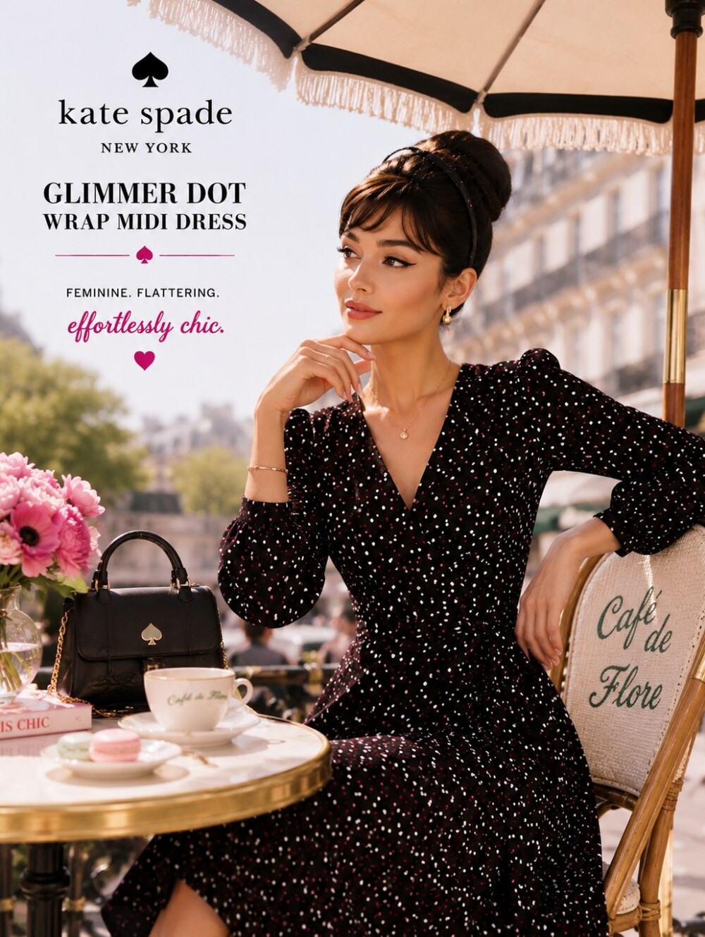 Kate Spade Glimmer Dot Wrap Midi Dress | Black Pink Polka Dot | Large | Like New - Picture 3 of 14